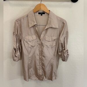 Express Beige 100% Silk Button-Front Collared Utility Blouse Like New Size Large